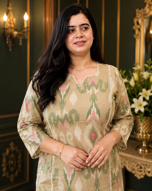 Mehar premium cotton Kurta & Pant Ikkat Beige