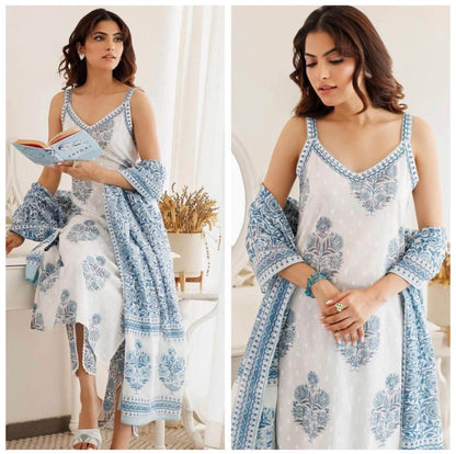 White Block Printed Cotton Cut Sleeves Kurti Pant And Dupatta Set