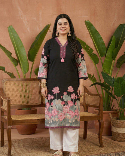 Airy Cotton Floral kurti for women- Black