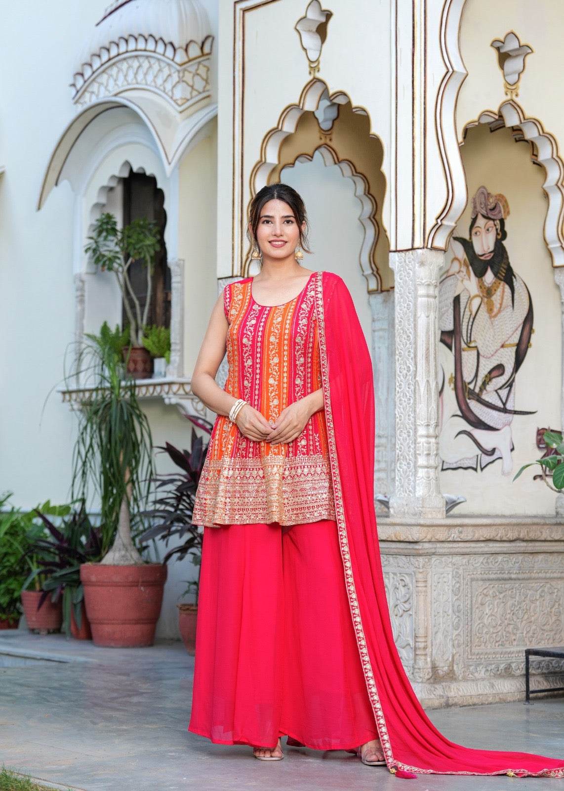 Dola Silk Peplum Suit with Sharara - Vijay Laxmi