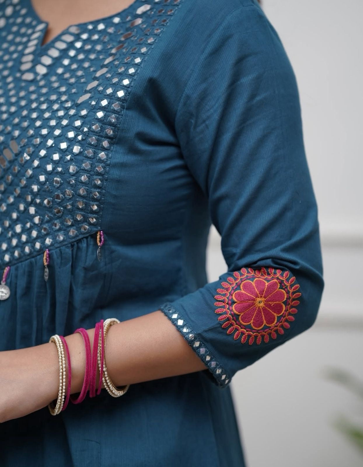 Teal Blue Cotton Kurti Pant Dupatta Set – Threadwork & Mirror Work