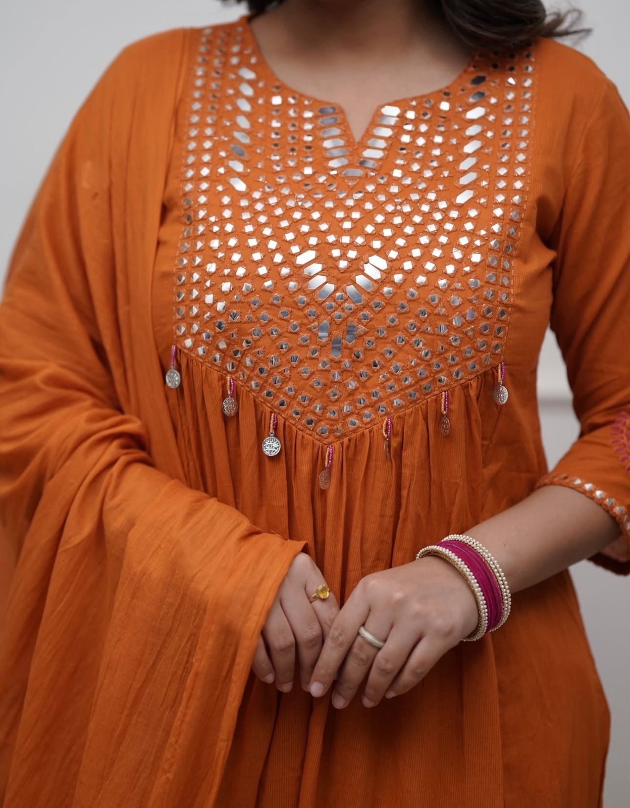 Orange Cotton Kurti Pant Dupatta Set – Threadwork & Mirror Work