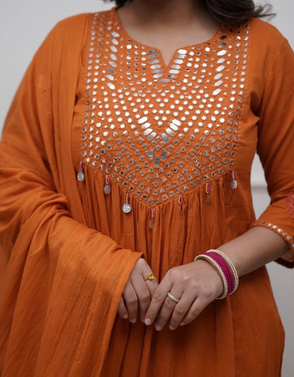 Orange Cotton Kurti Pant Dupatta Set – Threadwork & Mirror Work