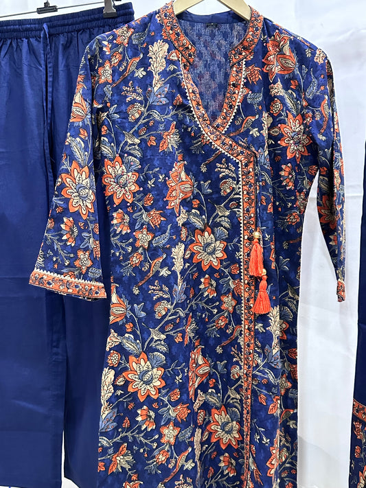 Angrakha Floral cotton suit with lining, Pant & Dupatta