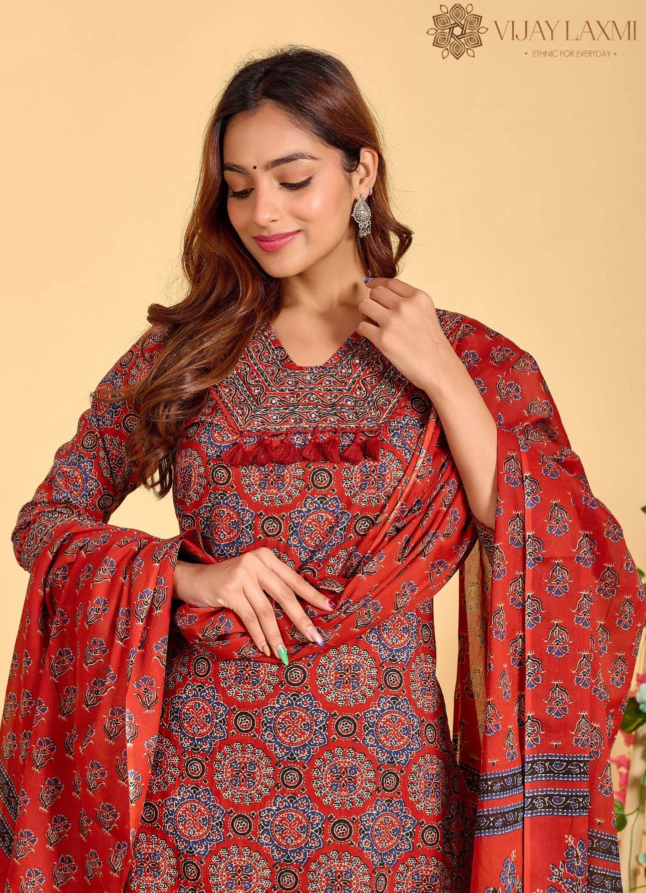 Ajrakh Printed Cotton Suit For Women - Vijay Laxmi