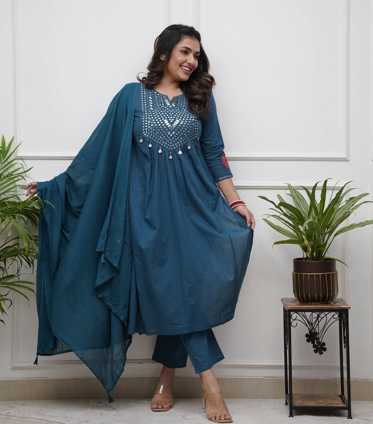 Teal Blue Cotton Kurti Pant Dupatta Set – Threadwork & Mirror Work