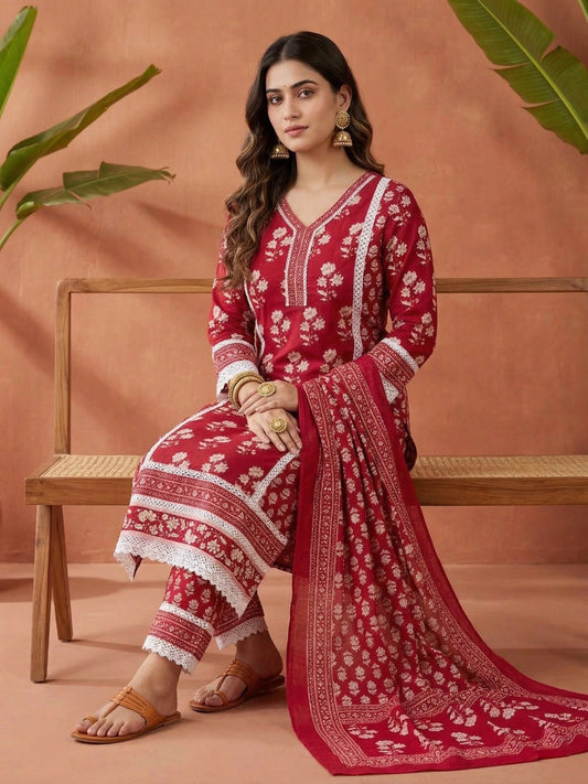 Aarohi Cotton Kurta Set with dupatta & pants Lacework - Red