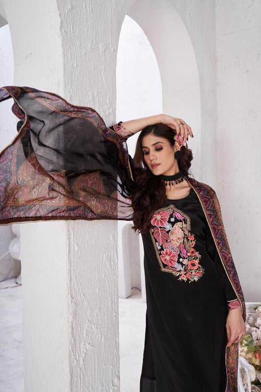 Soft Crepe Silk Suit For Women Black - Vijay Laxmi