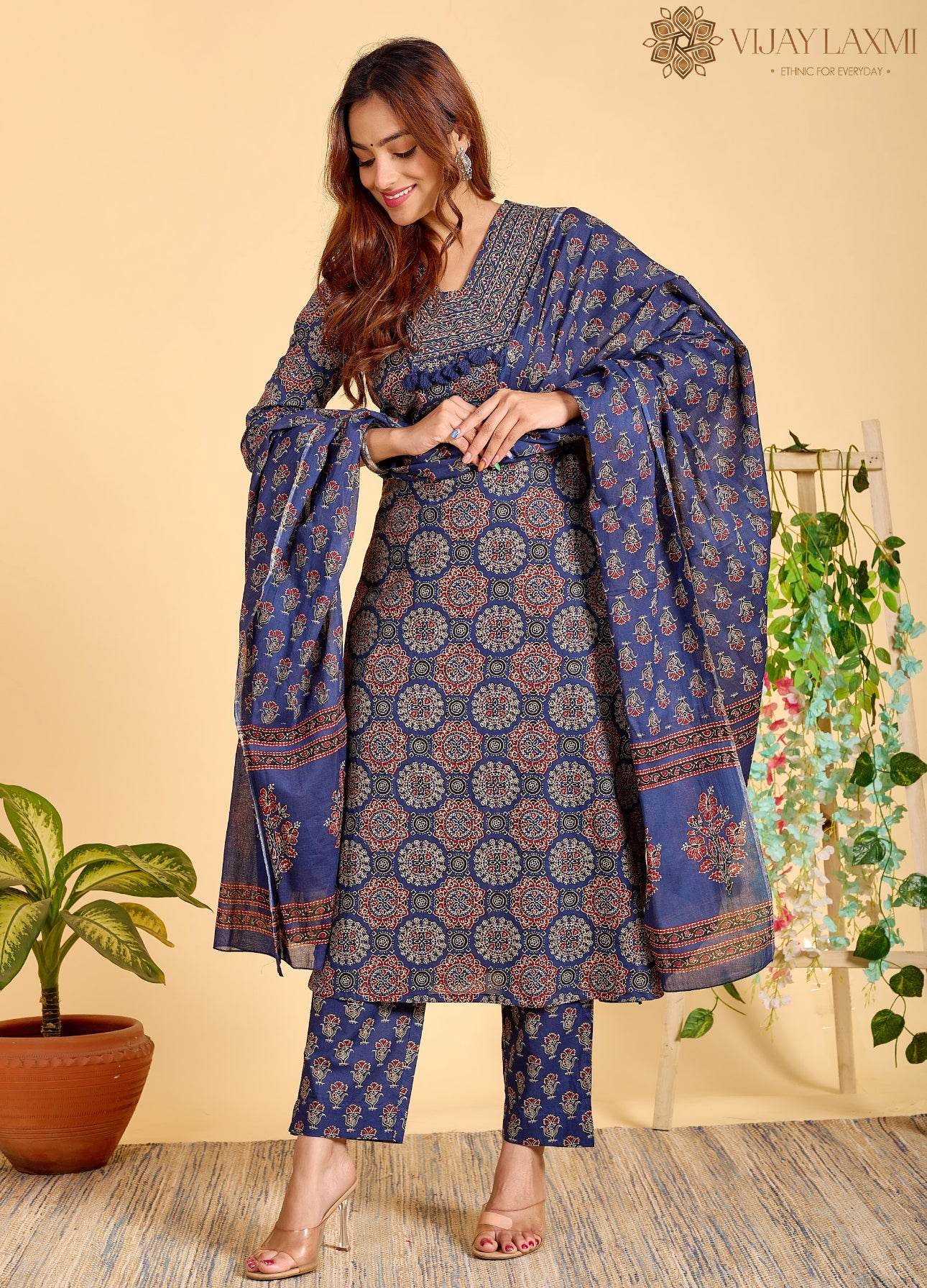 Ajrakh Printed Cotton Suit For Women - Vijay Laxmi