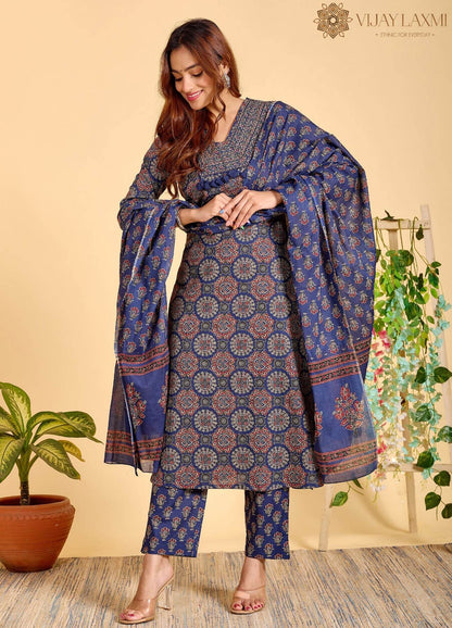 Ajrakh Printed Cotton Suit For Women - Vijay Laxmi