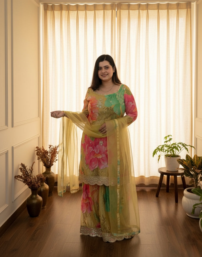 Chinon silk sharara suit