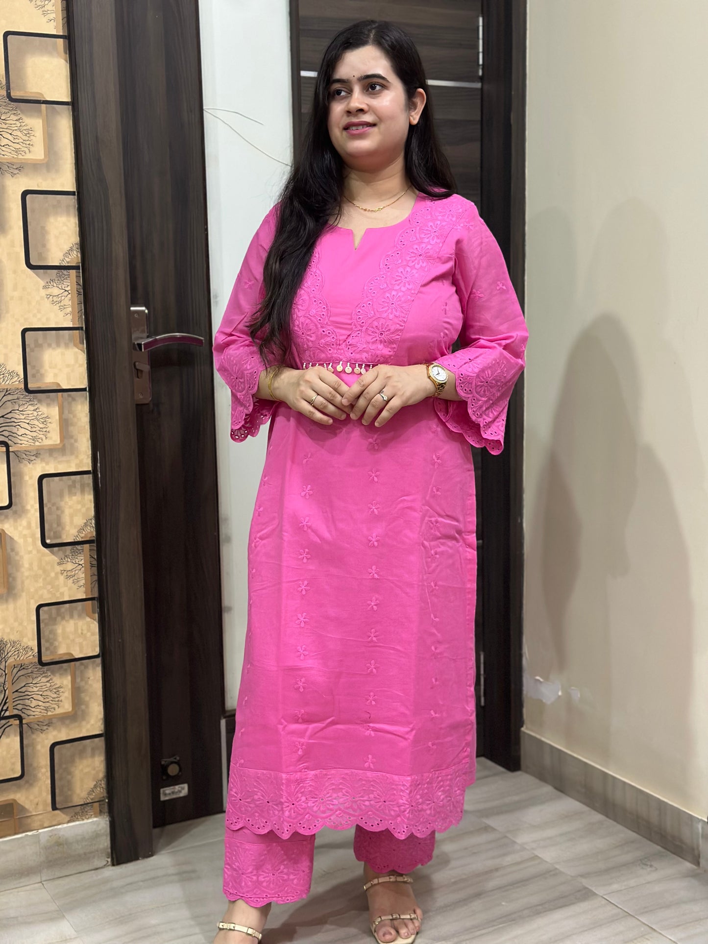 Mehar premium chikankari cotton Kurta & Pant with cotton lining Pink