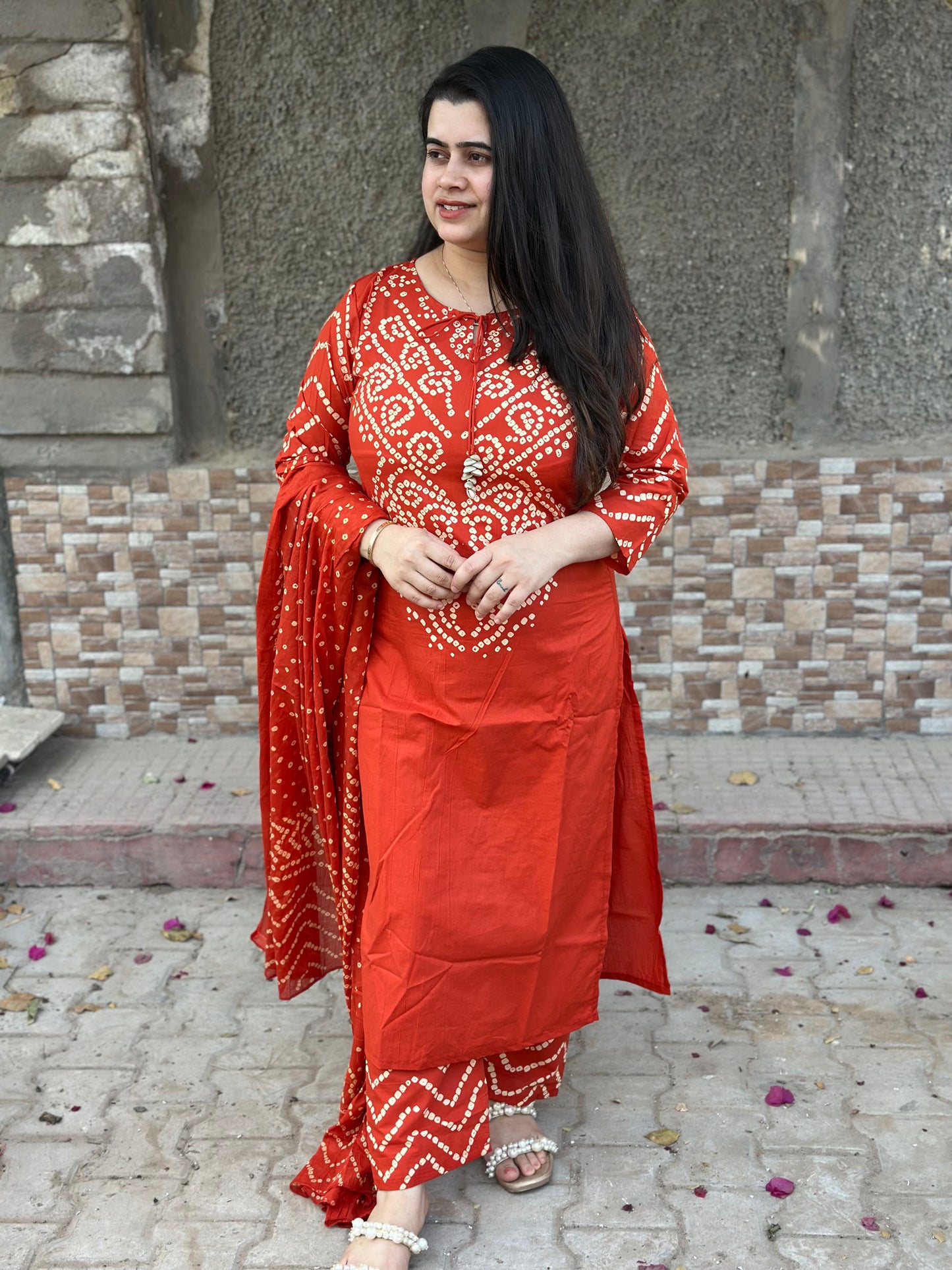 Amayra Cotton Kurta Embroidery Work Kurti Pant And Dupatta -Orange