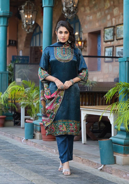 Soft Gajji Silk Suit For Women Peacock - Vijay Laxmi