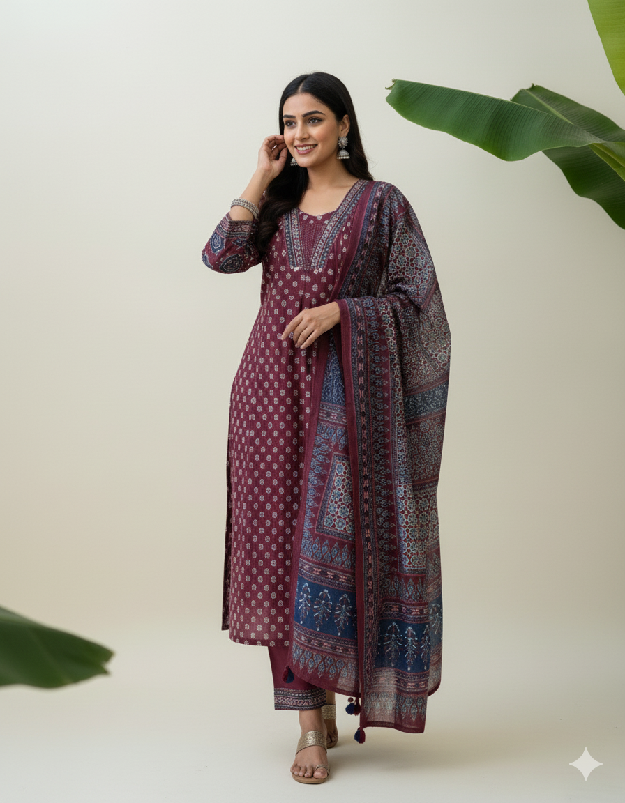 Mehar Anarkali Cotton Kurti Pant Dupatta Set – Thread & Lace Work (Only Pre-booking)