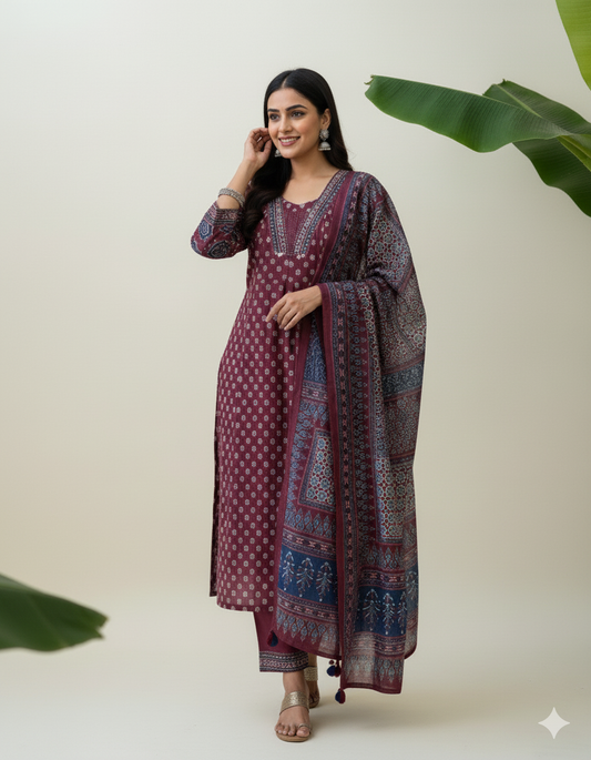 Mehar Anarkali Cotton Kurti Pant Dupatta Set – Thread & Lace Work (Only Pre-booking)