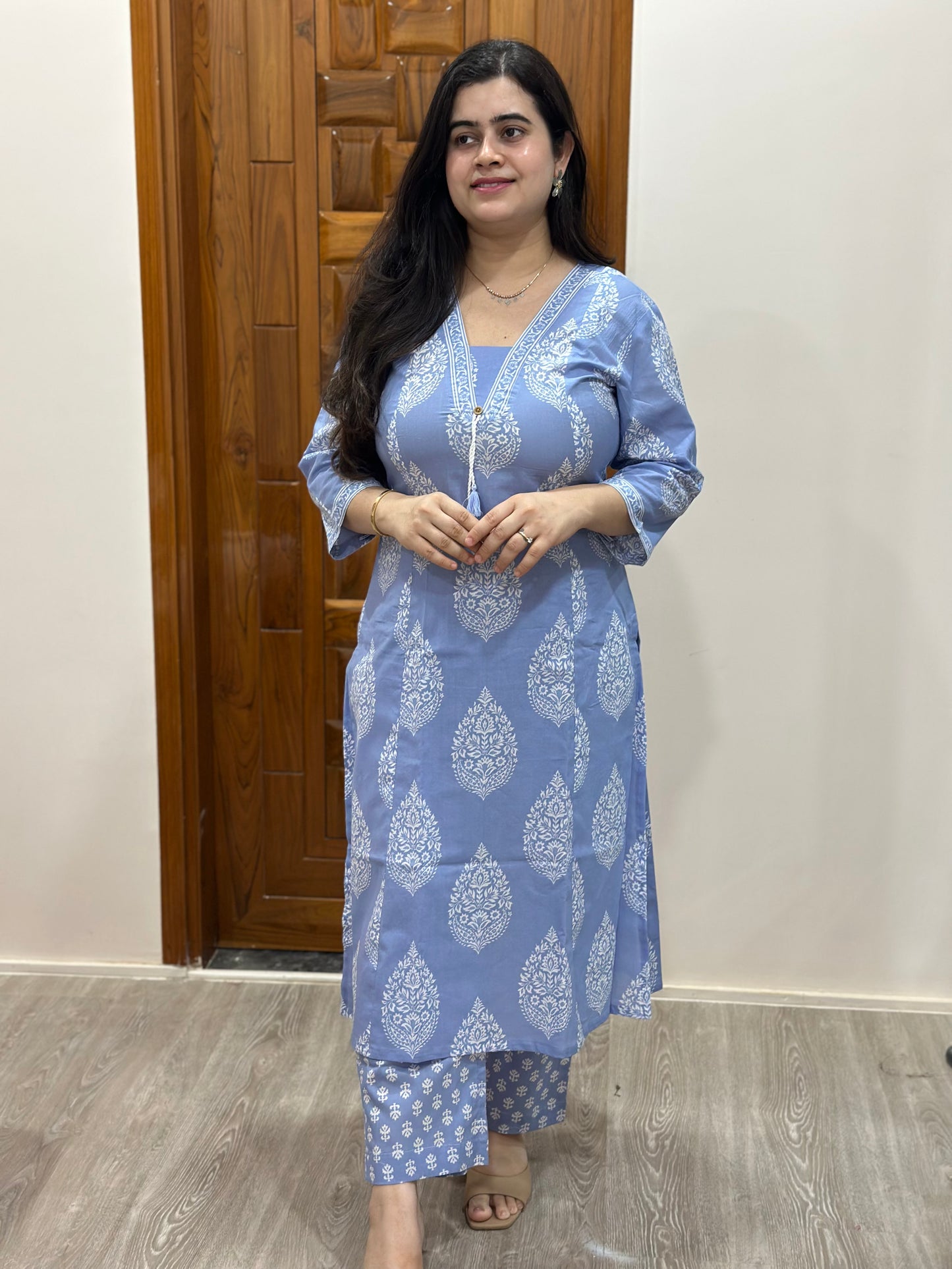 Gulmohar kalamkari cotton cord set powder blue