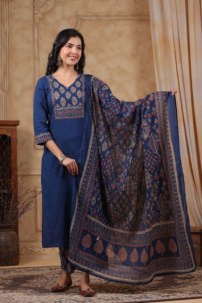 Ajrakh Printed Cotton Suit For Women - Vijay Laxmi