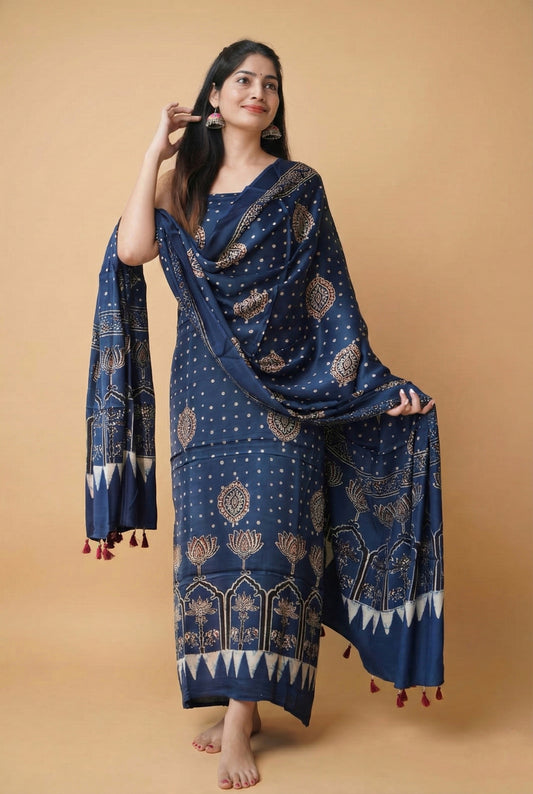 Modal Silk Ajrakh 2 Piece Unstitched Suit