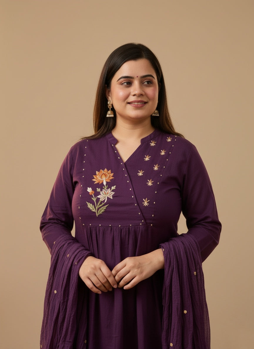 Cotton kurta set for women with dupatta Purple