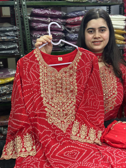 Maharani Handcrafted Bandhej  Embroidery Suit Set Red