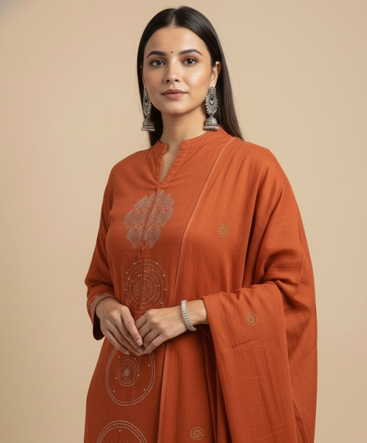 Amayra Cotton Kurta Embroidery Work Kurti Pant And Dupatta - Rust Orange