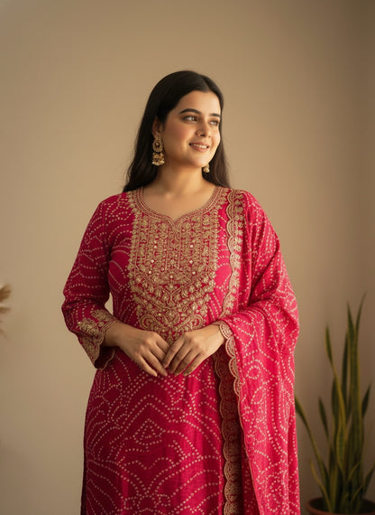 Maharani Handcrafted Bandhej  Embroidery Suit Set Pink