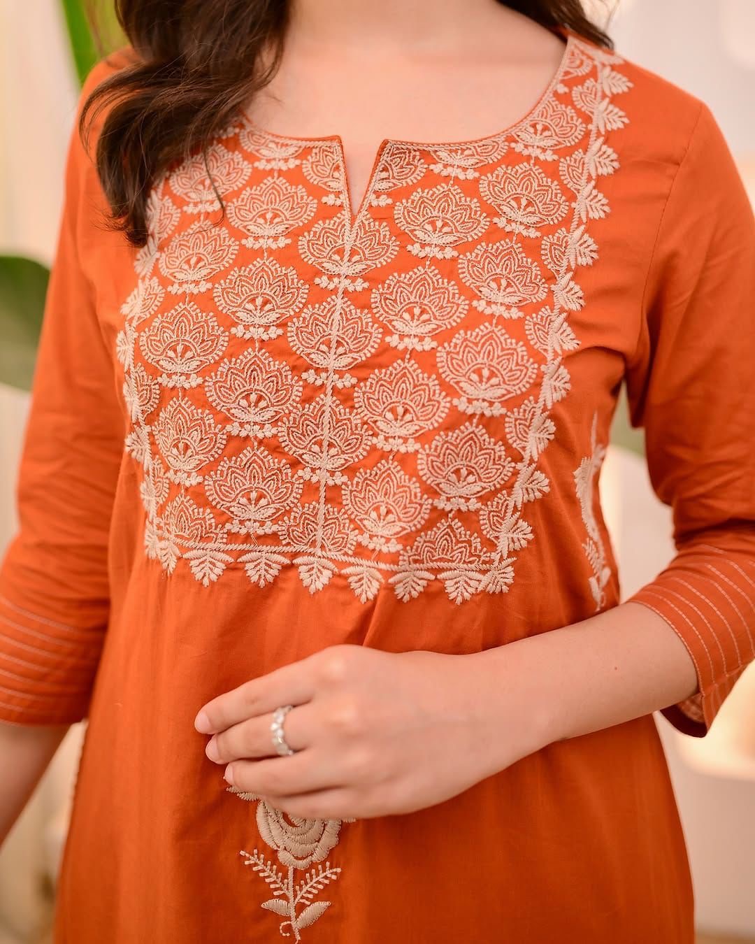 Amayra Cotton Kurta Embroidery Work Kurti Pant And Dupatta - Orange