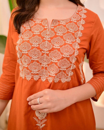Amayra Cotton Kurta Embroidery Work Kurti Pant And Dupatta - Orange