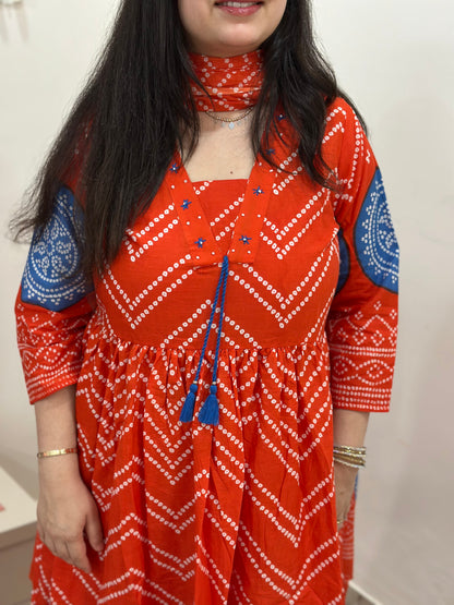 Gulzar Bandhani Anarkali Cotton kurta Set with dupatta Orange