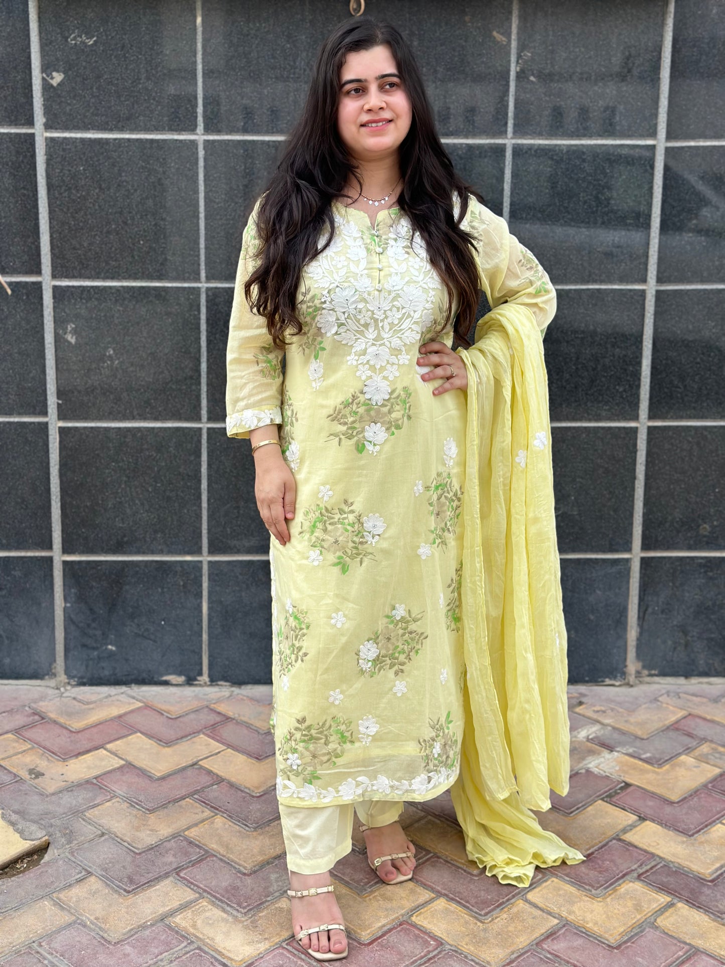 Gulmohar Mulmul Cotton kurta Set with pant & dupatta