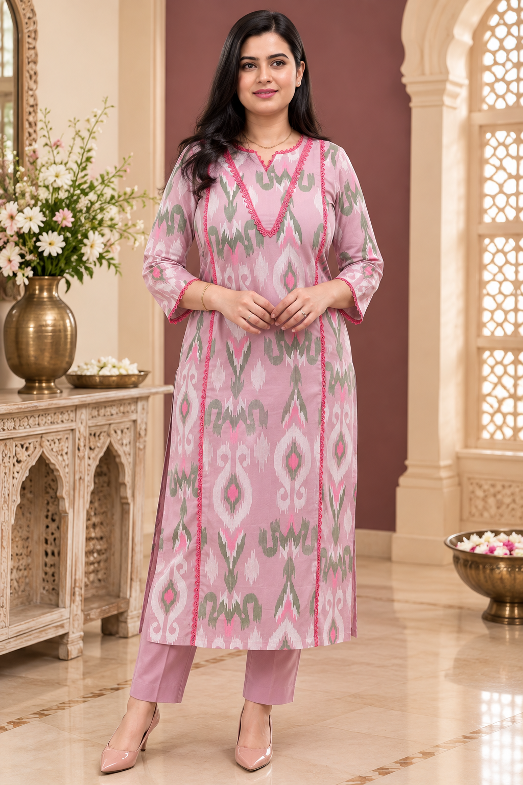 Mehar premium cotton Kurta & Pant Ikkat Pink