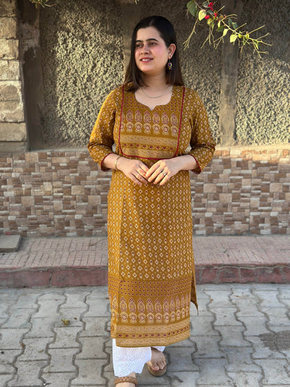 Airy Cotton Arjakh Kurti for women mustard - Vijay Laxmi
