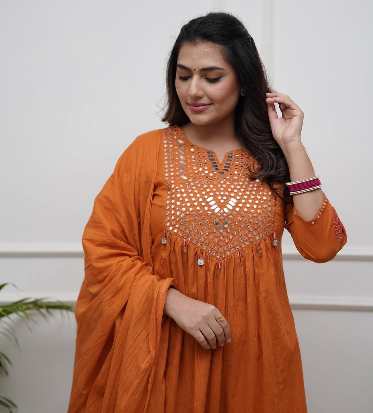 Orange Cotton Kurti Pant Dupatta Set – Threadwork & Mirror Work