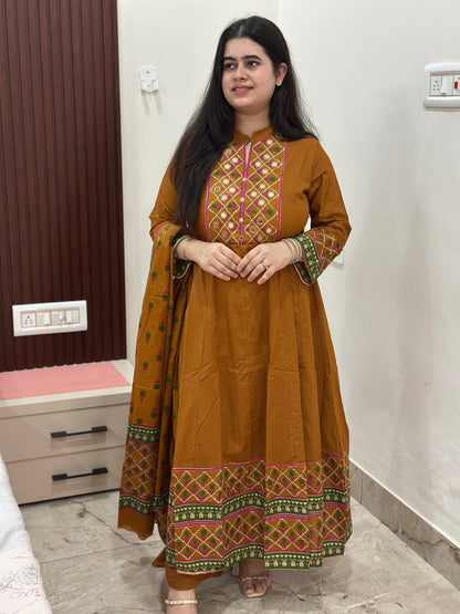 Gulzar Anarkali Cotton kurta Set with dupatta mustard