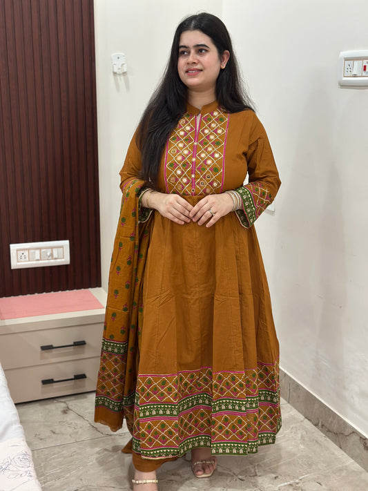 Gulzar Anarkali Cotton kurta Set with dupatta mustard