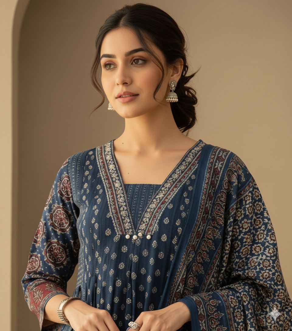 Mehar Anarkali Cotton Kurti Pant Dupatta Set – Thread & Lace Work (Only Pre-booking)