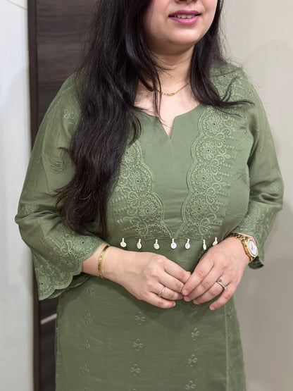 Mehar premium chikankari cotton Kurta & Pant with cotton lining Olive
