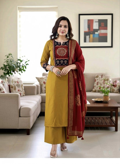 Mustard Arjakh Cotton Kurti Pant Dupatta Set – Thread & Lace