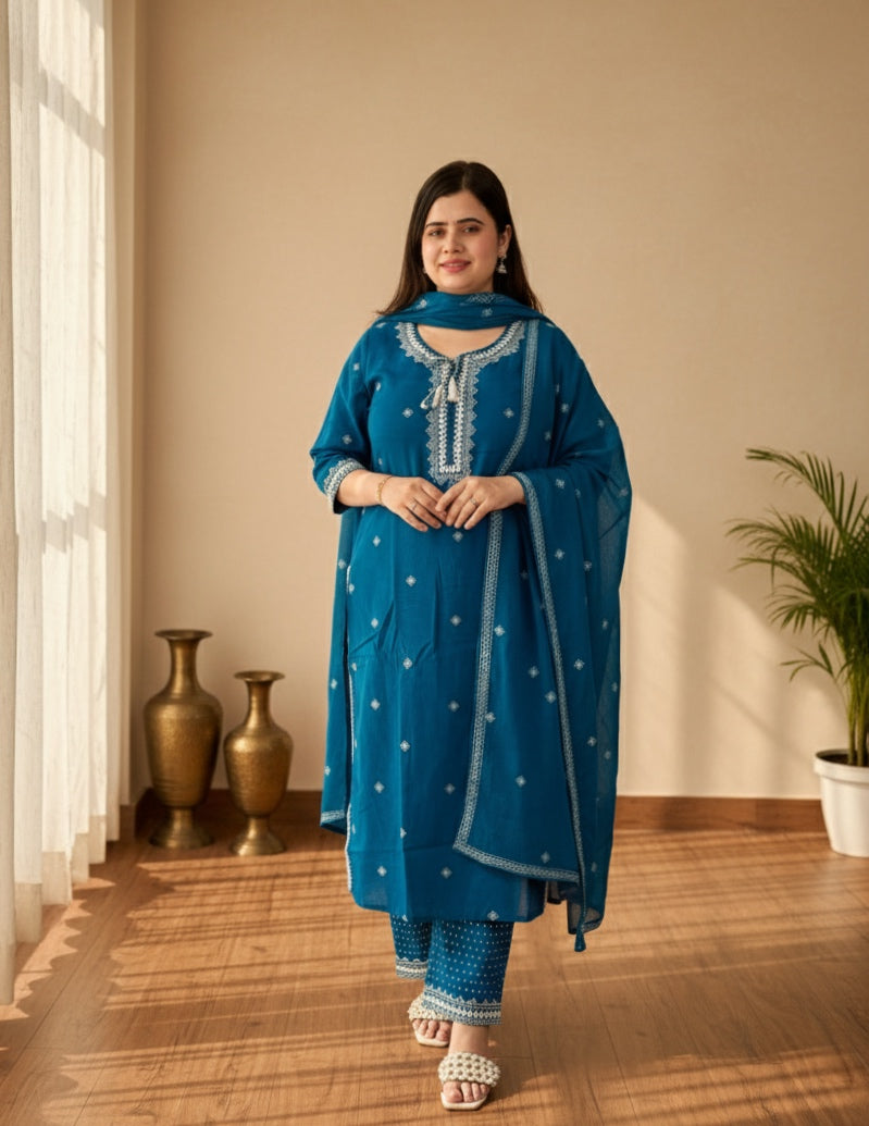 Cotton Flex kurta set with pants & dupatta
