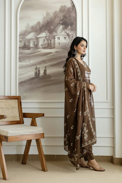 Floral Cotton Kurti Pant Dupatta Set – Thread & Lace Brown