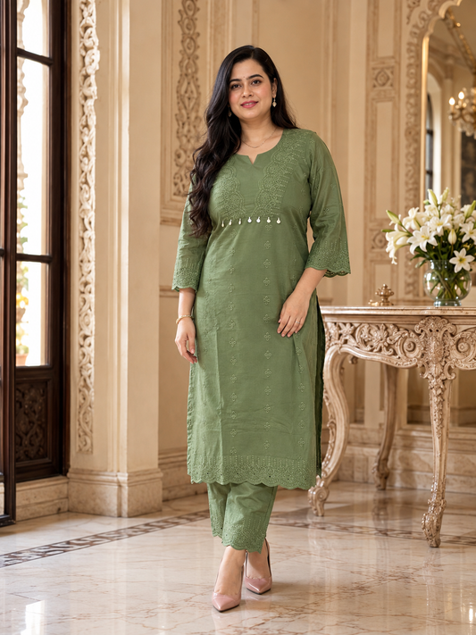Mehar premium chikankari cotton Kurta & Pant with cotton lining Olive