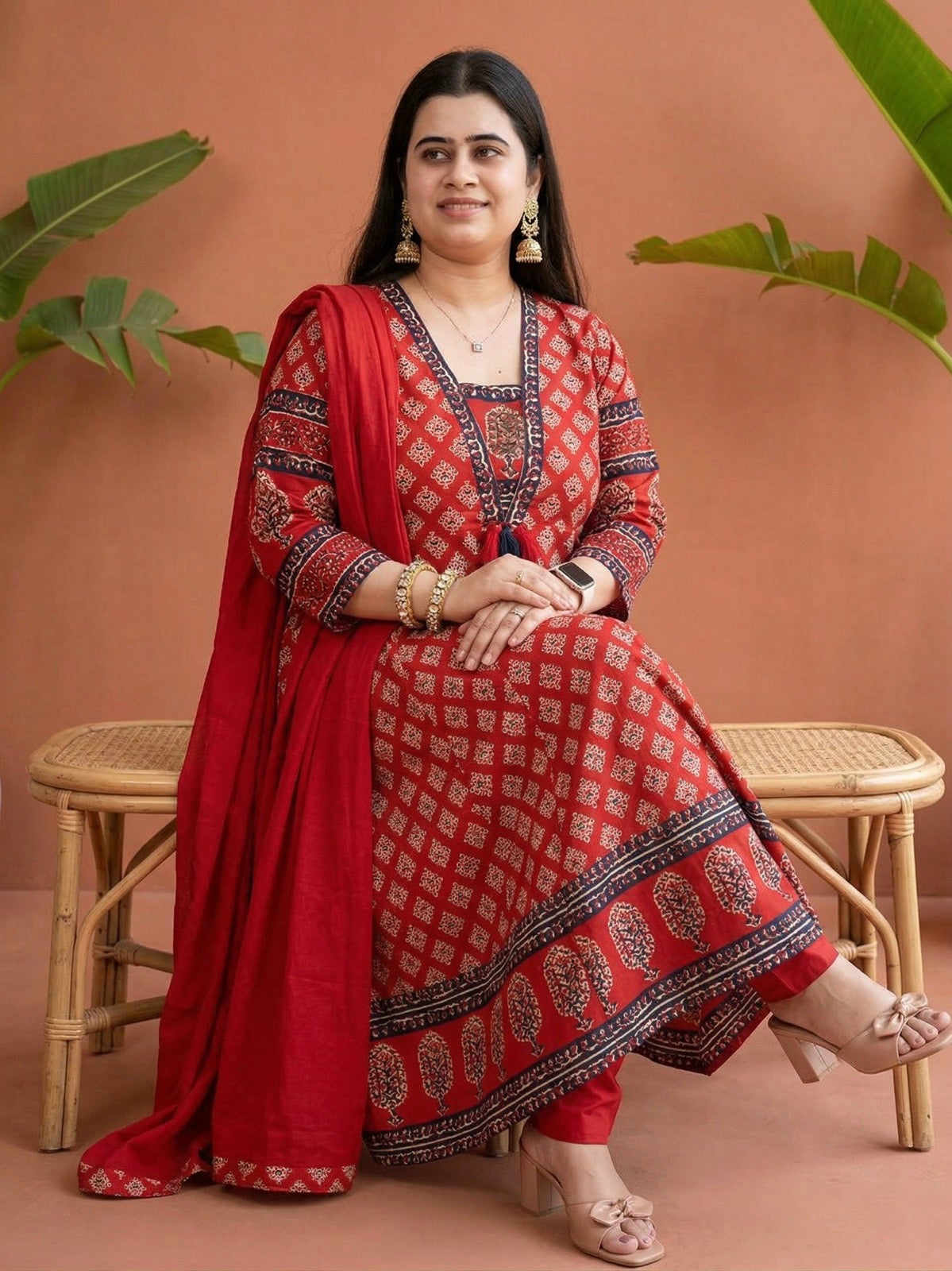 Aarohi Cotton Frock suit with dupatta & pants Red