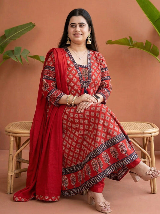 Aarohi Cotton Frock suit with dupatta & pants Red
