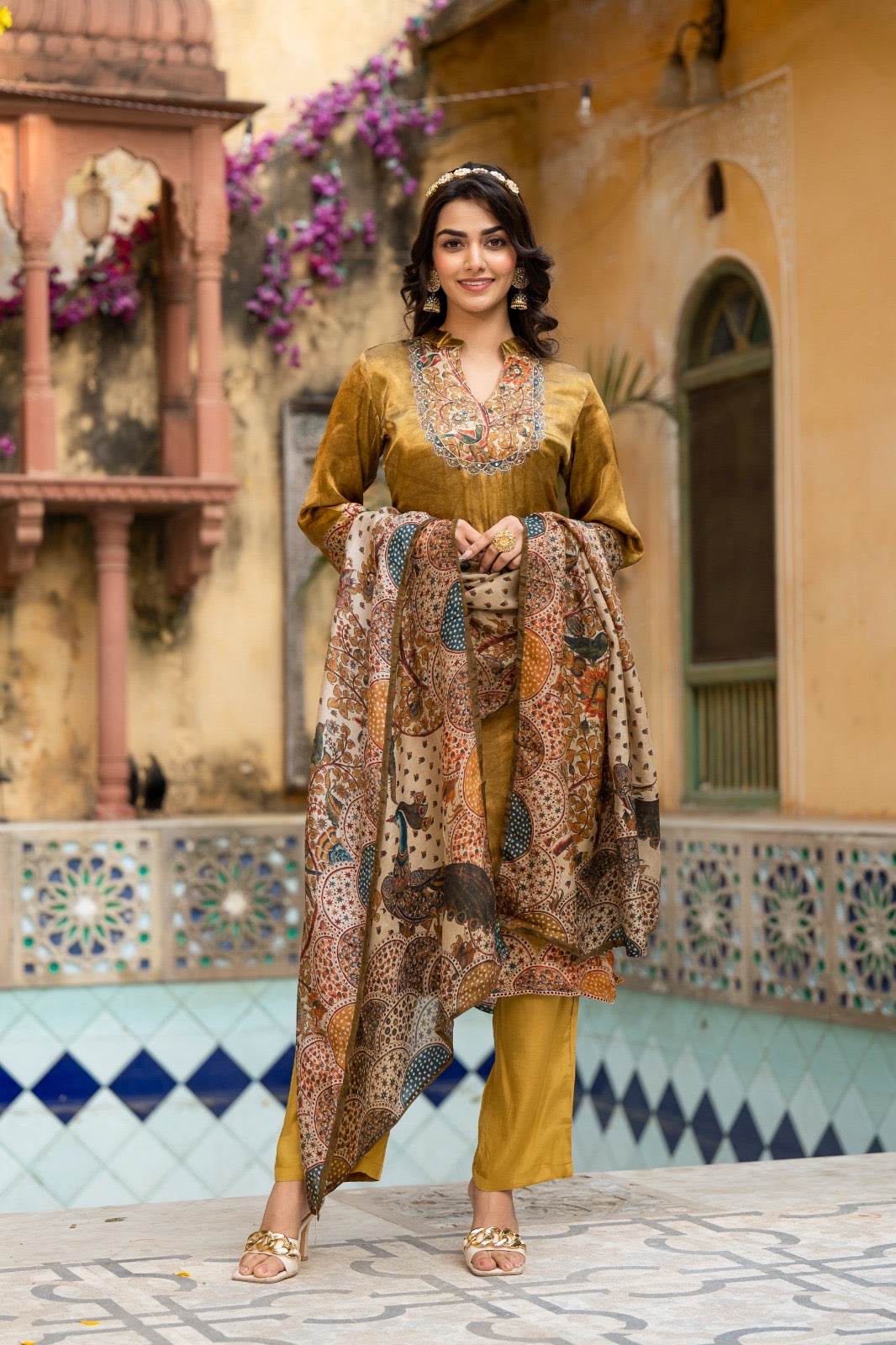 Soft Gajji Silk Suit For Women Peacock - Vijay Laxmi
