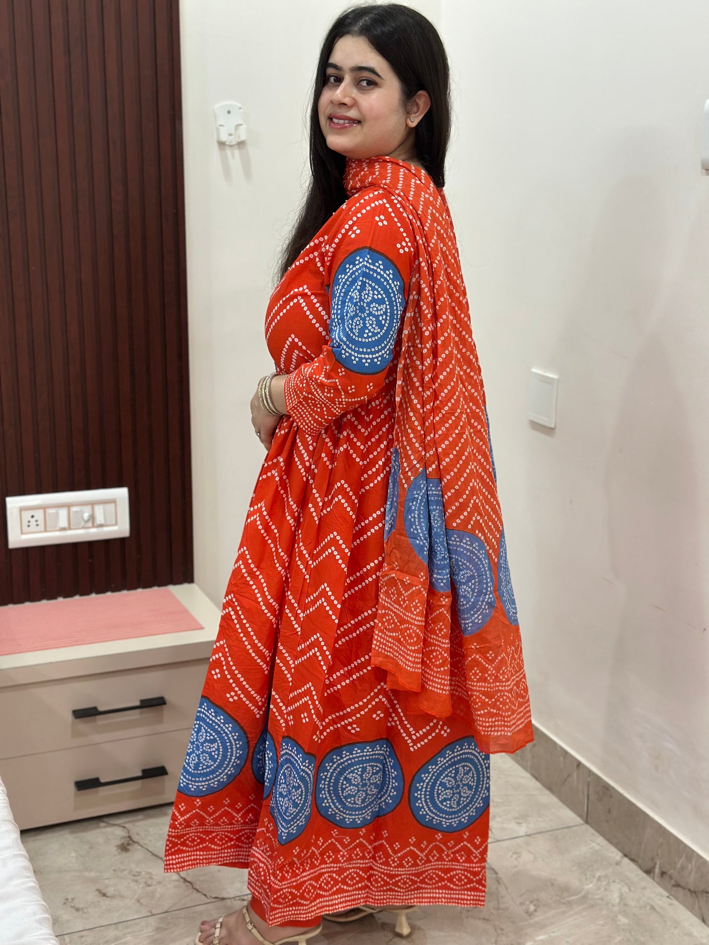 Gulzar Bandhani Anarkali Cotton kurta Set with dupatta Orange