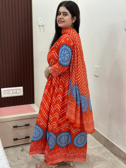 Gulzar Bandhani Anarkali Cotton kurta Set with dupatta Orange