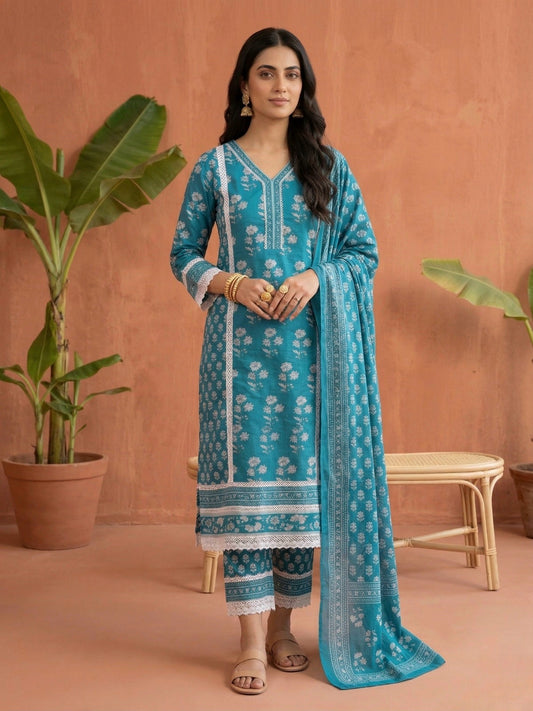 Aarohi Cotton Kurta Set with dupatta & pants Lacework - Sky