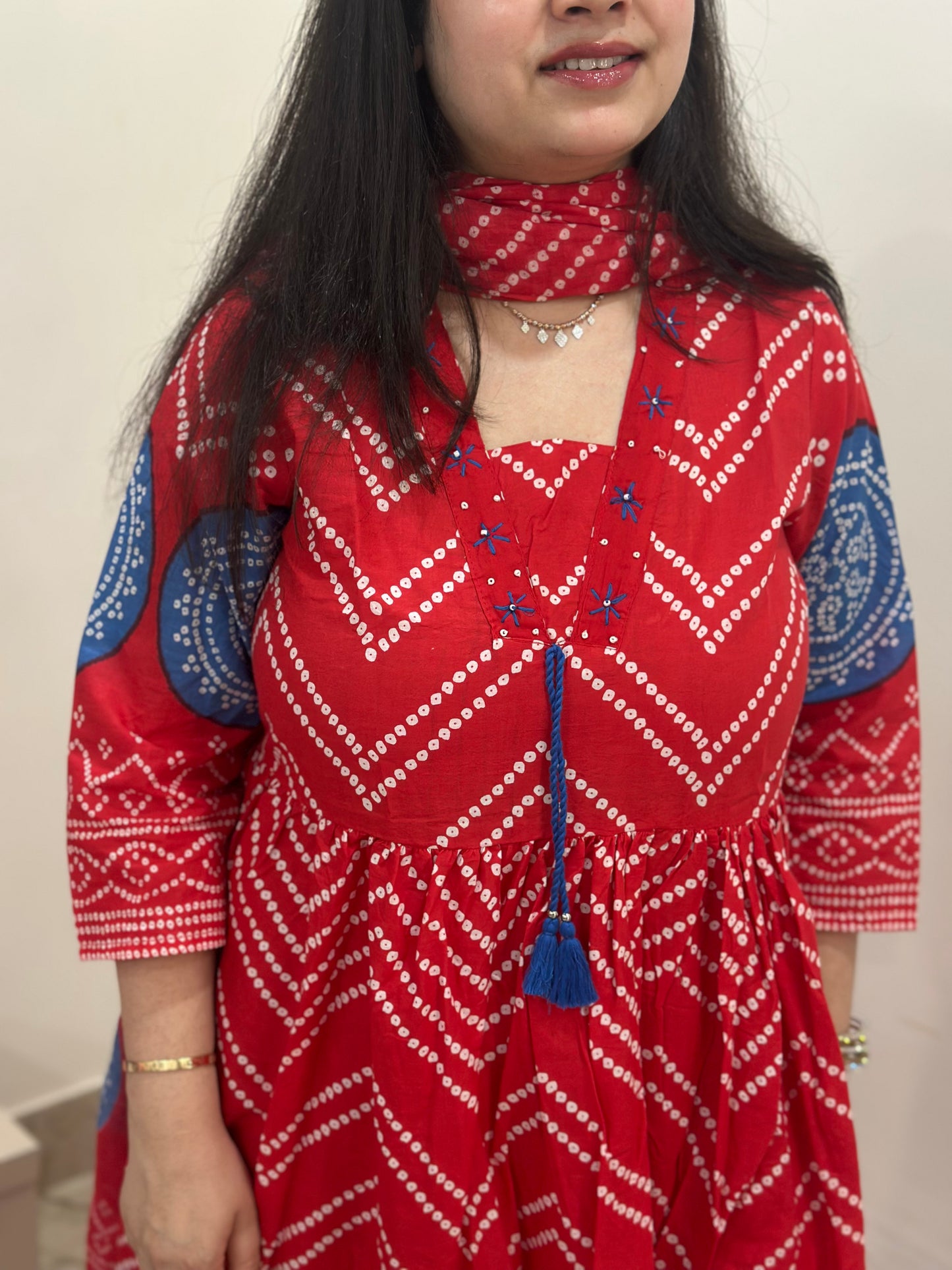 Gulzar Bandhani Anarkali Cotton kurta Set with dupatta red