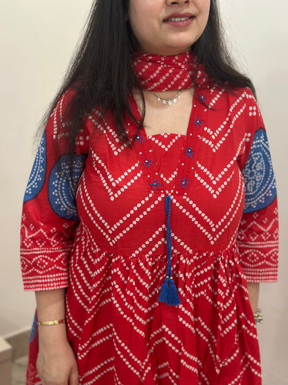 Gulzar Bandhani Anarkali Cotton kurta Set with dupatta red
